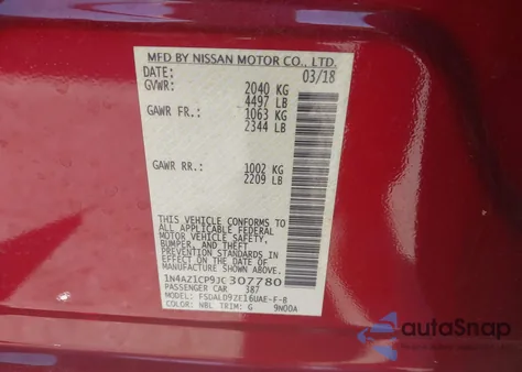 2018 Nissan Leaf Sv z USA, uszkodzony, nr VIN 1N4AZ1CP9JC307780